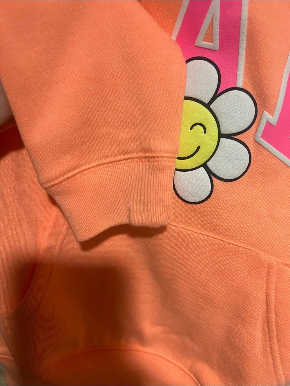 GAP Kids Neon Orange Hoodie with Smiley Daisy Graphic